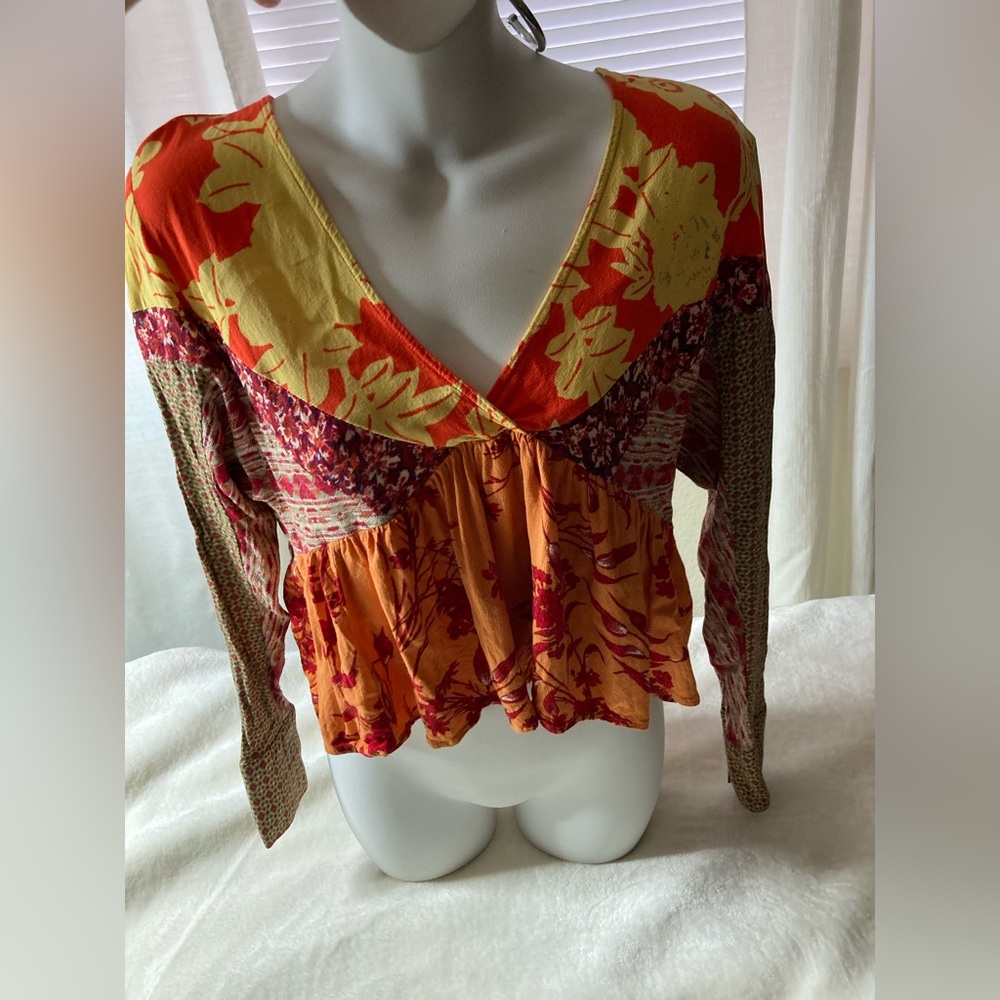 Free people boho patchwork crop top reds and oranges size small
